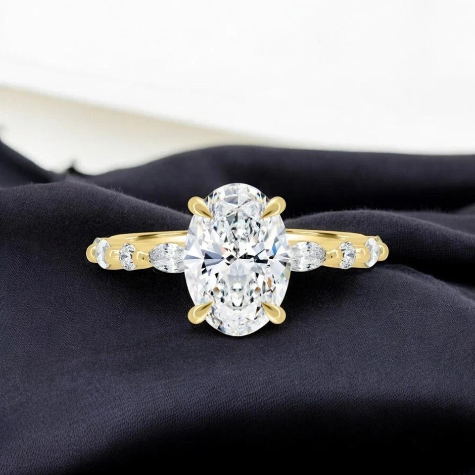 Oval-Cut Natural Diamond Ring — Four-Prong Setting with Leaf Accents