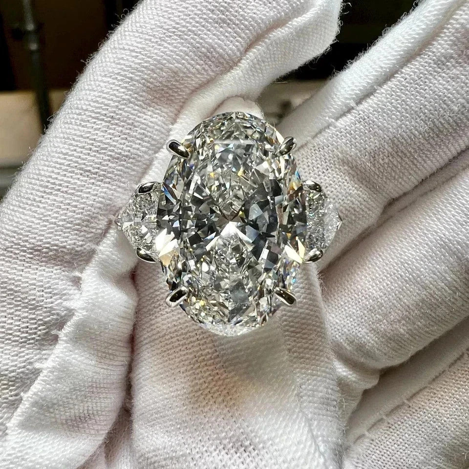 12.90 Ct Oval-Cut Natural Diamond Ring — Three-Stone Prong Setting