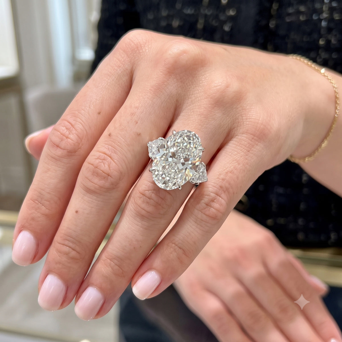 12.90 Ct Oval-Cut Natural Diamond Ring — Three-Stone Prong Setting