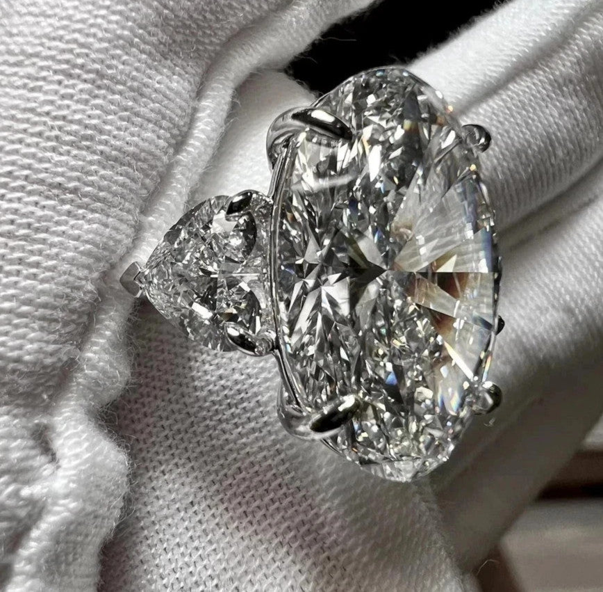 12.90 Ct Oval-Cut Natural Diamond Ring — Three-Stone Prong Setting