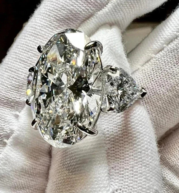 12.90 Ct Oval-Cut Natural Diamond Ring — Three-Stone Prong Setting
