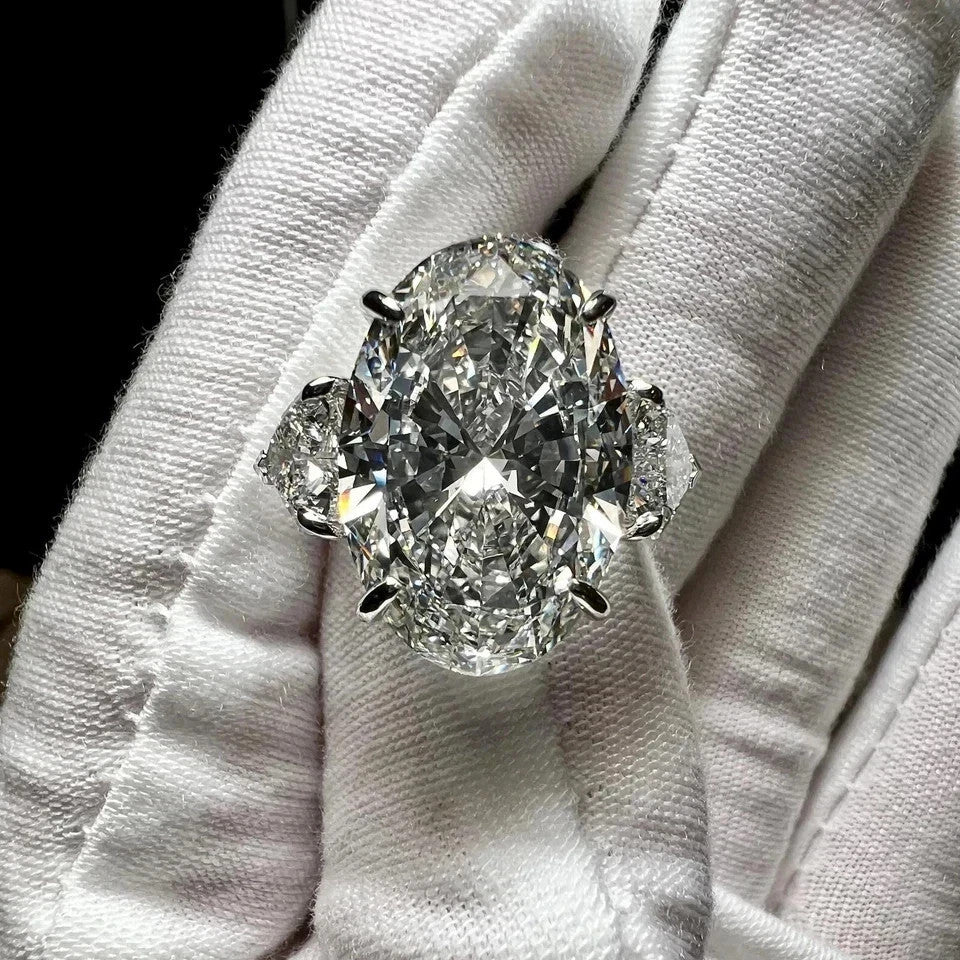 12.90 Ct Oval-Cut Natural Diamond Ring — Three-Stone Prong Setting