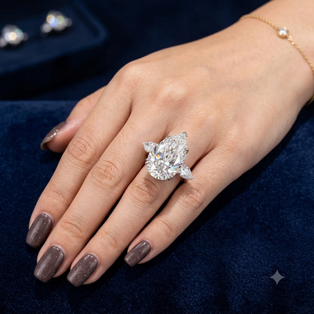 20.90 Ct Pear-Cut Natural Diamond Ring in 925 Silver — HPHT Treated