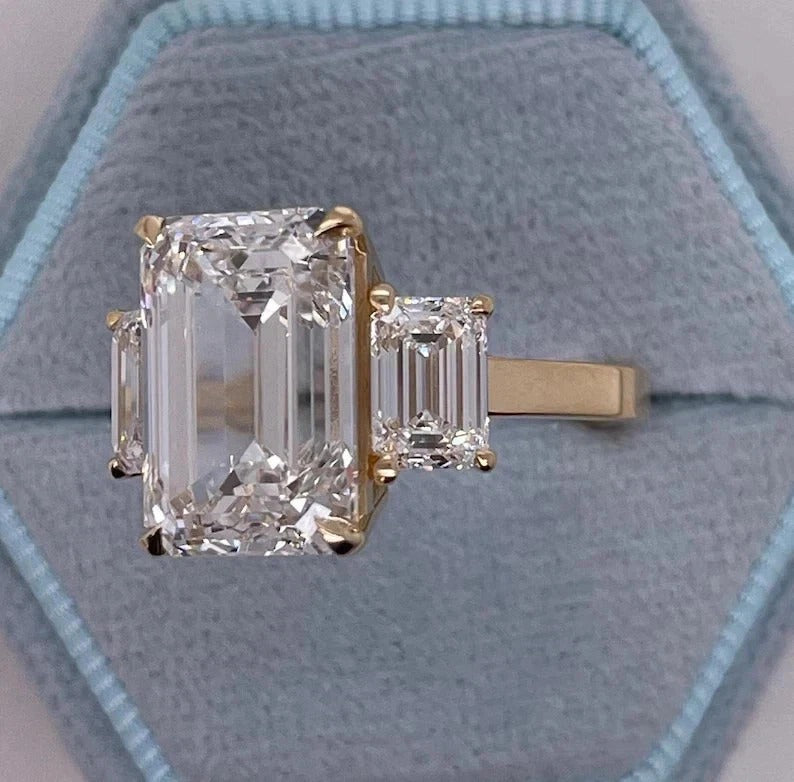 Emerald-Cut Natural Diamond Ring — Three-Stone Prong Setting