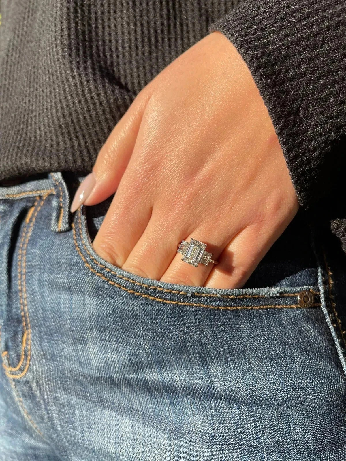 Emerald-Cut Natural Diamond Ring — Three-Stone Prong Setting