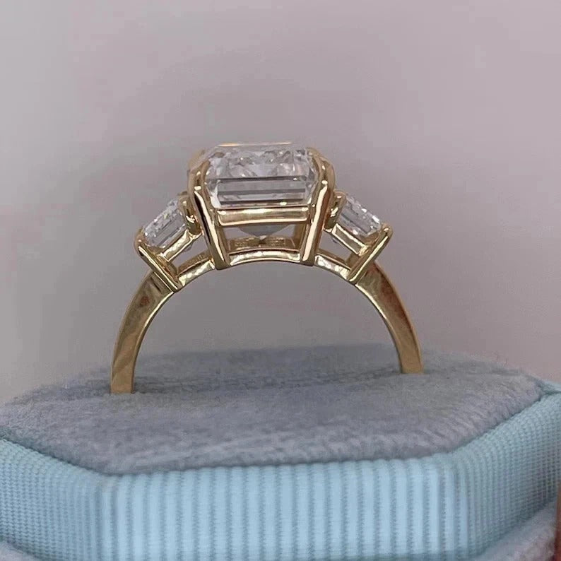 Emerald-Cut Natural Diamond Ring — Three-Stone Prong Setting