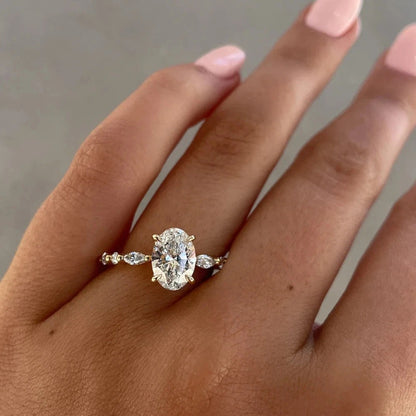 Oval-Cut Natural Diamond Ring — Four-Prong Setting with Leaf Accents