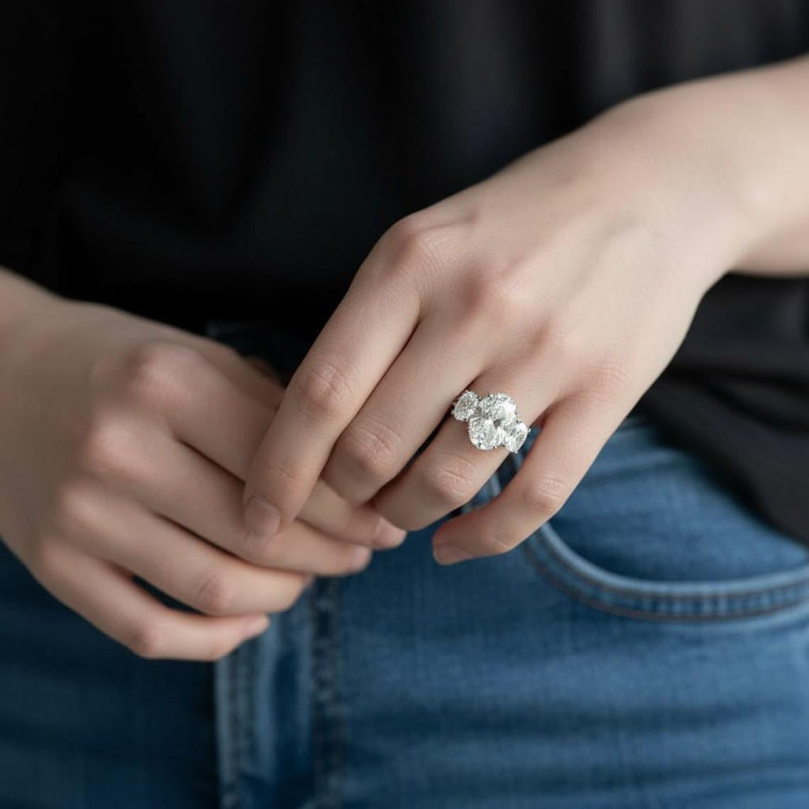 7 Ct TW Oval Natural Diamond Engagement Ring – Three-Stone Prong Setting