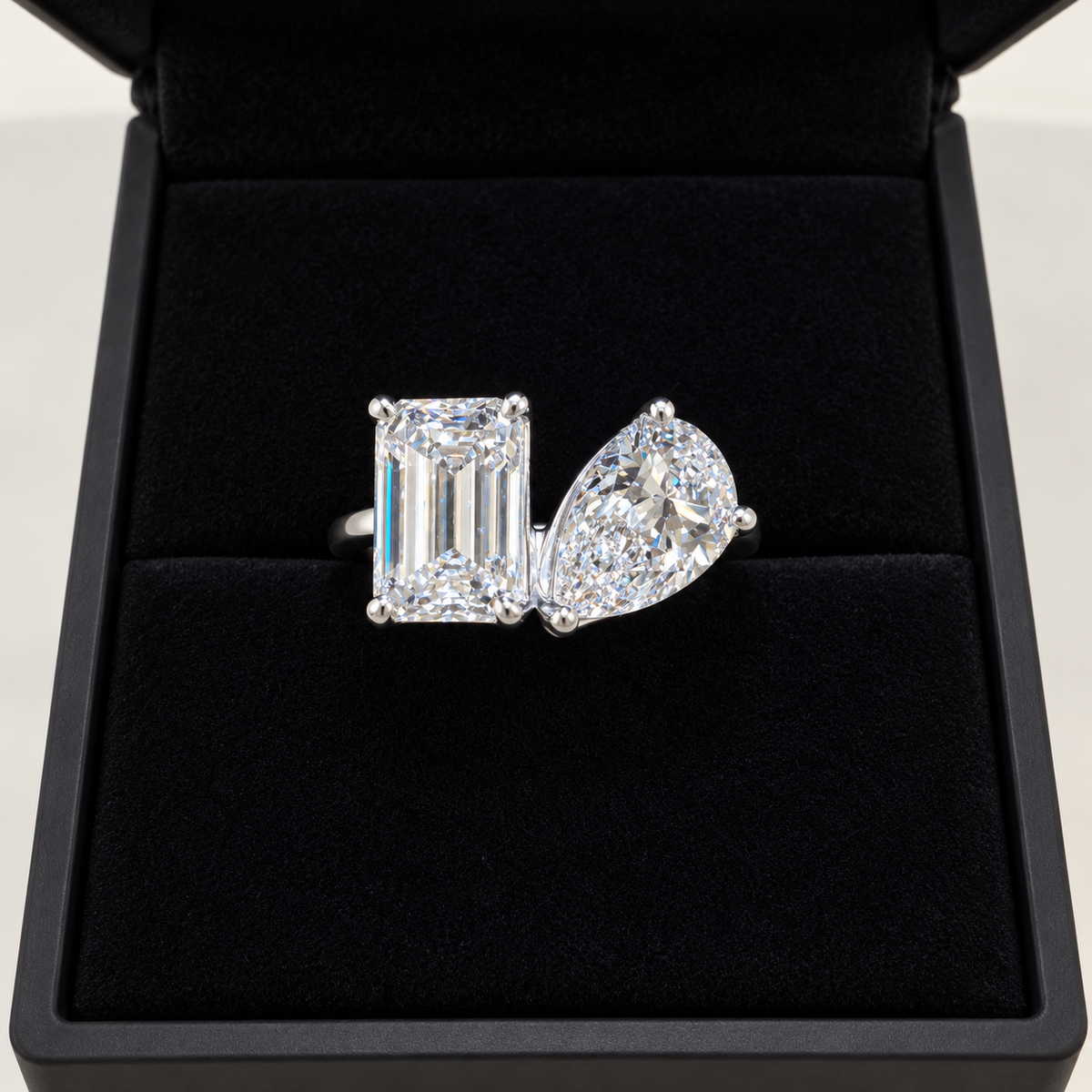 6.50 Ct TW Emerald & Pear Natural Diamond Toi et Moi Ring – Two-Stone Prong Setting