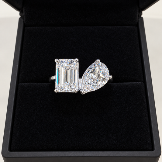 6.50 Ct TW Emerald & Pear Natural Diamond Toi et Moi Ring – Two-Stone Prong Setting