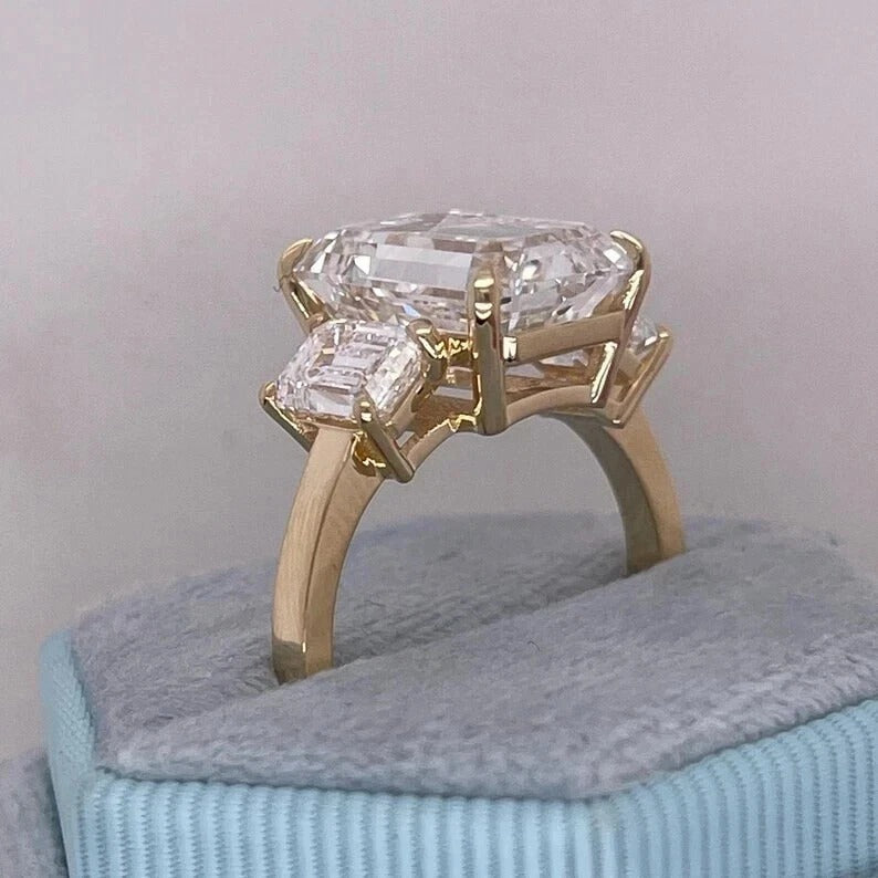 Emerald-Cut Natural Diamond Ring — Three-Stone Prong Setting