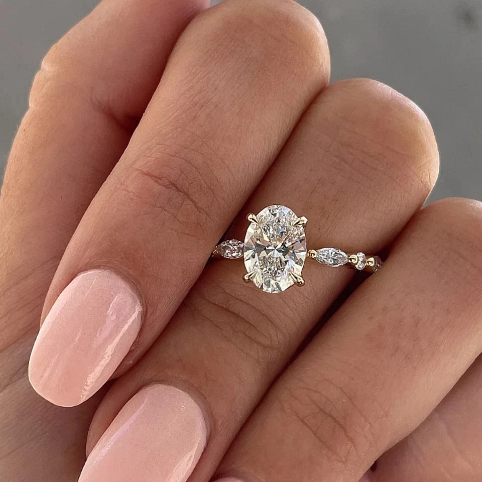 Oval-Cut Natural Diamond Ring — Four-Prong Setting with Leaf Accents