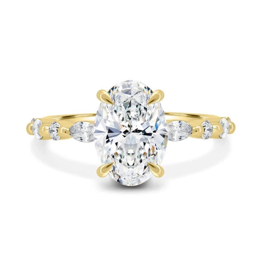 Oval-Cut Natural Diamond Ring — Four-Prong Setting with Leaf Accents