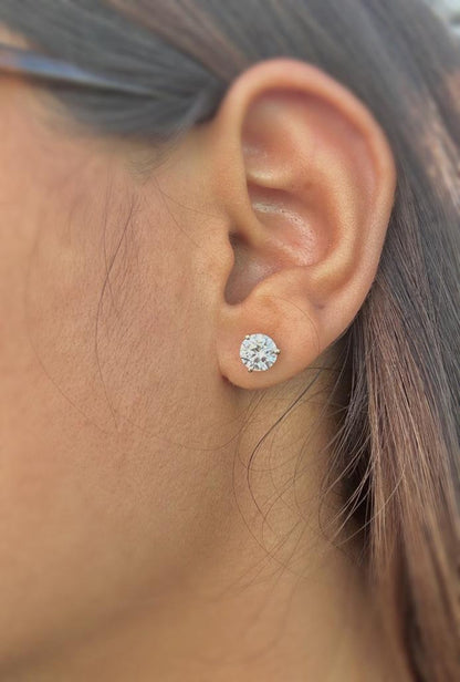 4 Ct TW Round Natural Diamond Stud Earrings — Three-Prong Setting