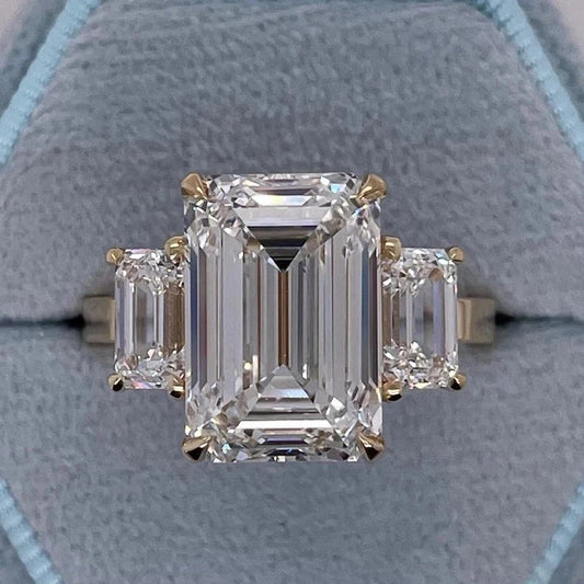 Emerald-Cut Natural Diamond Ring — Three-Stone Prong Setting