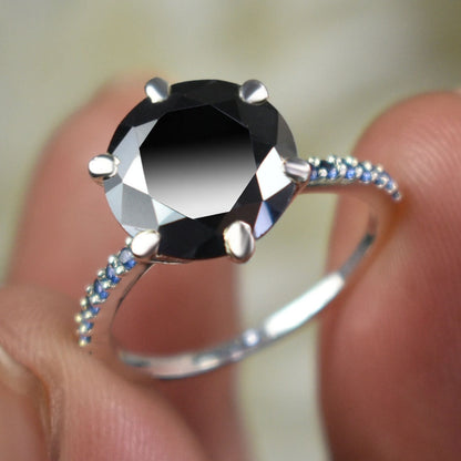 Certified 2 Ct Black Diamond Solitaire Ring in 925 Sterling Silver | Round Carbonado Engagement Ring