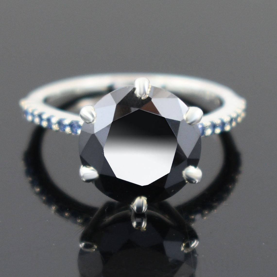 Certified 2 Ct Black Diamond Solitaire Ring in 925 Sterling Silver | Round Carbonado Engagement Ring