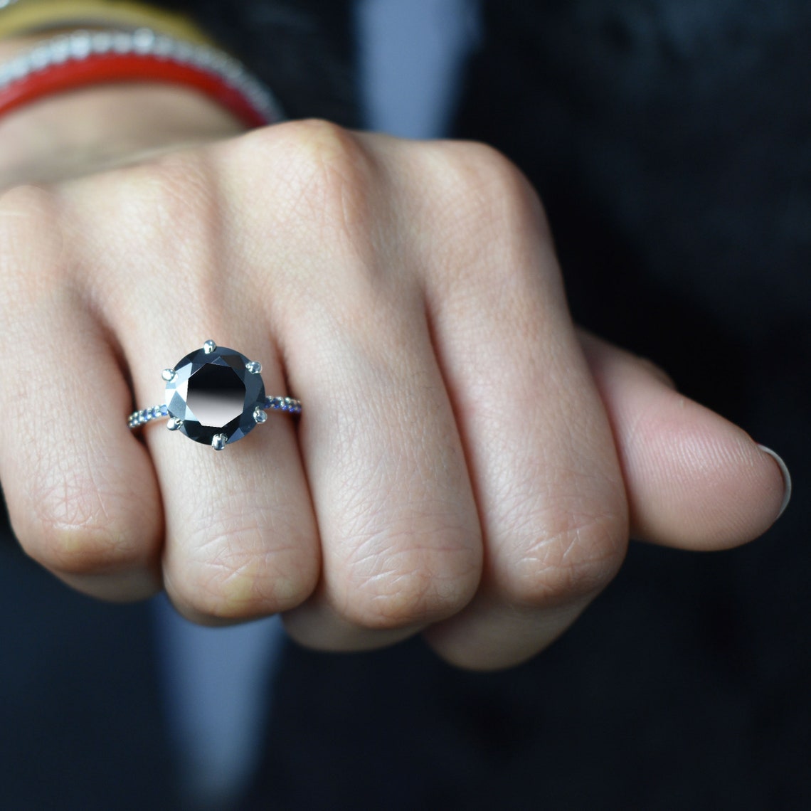 Certified 2 Ct Black Diamond Solitaire Ring in 925 Sterling Silver | Round Carbonado Engagement Ring